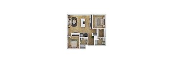 A top down view of a small apartment with a kitchen, living room, and bedroom.