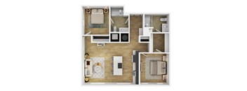 A top-down view of a small apartment with a kitchen, living room, and bathroom.