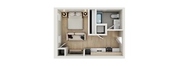 A white and wood bedroom with a bed, desk, and chair.