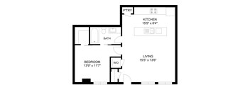 A floor plan of a small apartment with a bedroom, bathroom, kitchen, and living room.