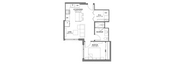 A floor plan of a house with a kitchen, living room, and bedroom.