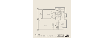 A floor plan for a 2 bedroom, 2 bathroom apartment sized 880 sq. ft.