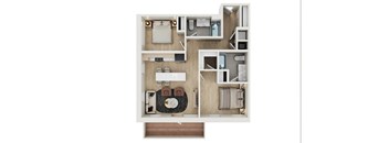 A top-down view of a small apartment layout with a kitchen, living room, and bathroom.