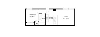 A floor plan of a small apartment with a bedroom, bathroom, kitchen, and living room.
