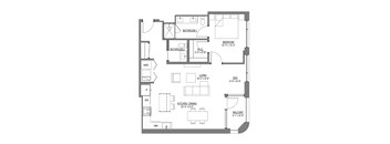 A floor plan of a house with a living room, two bedrooms, a kitchen, a dining room, and two bathrooms.