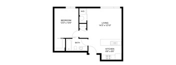 A floor plan of a small apartment with a bedroom, bathroom, living room, and kitchen.