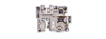 A 3D floor plan of a house showing the layout of the rooms.