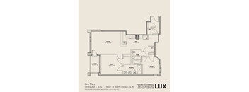 A floor plan for a 2 bedroom, 2 bathroom apartment sized between 1040 sq.ft.
