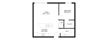 A black and white image of a floor plan for a small apartment.