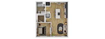 A top down view of a small apartment with a kitchen, living room, and bathroom.