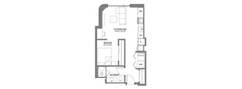 A floor plan of a small apartment with a kitchen, bedroom, and bathroom.