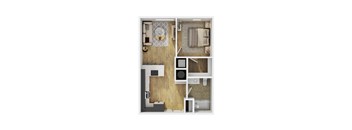 A top-down view of a small apartment with a living area, kitchen, and bathroom.