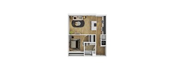 A top down view of a small apartment with a kitchen, living room, and bathroom.