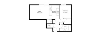 A black and white image of a floor plan for a small apartment.