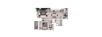 A top-down view of a modern living room and kitchen area.