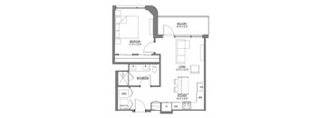 A floor plan of a small apartment with a bedroom, living room, kitchen, bathroom, and a balcony.