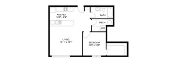 A floor plan of a small apartment with a living room, kitchen, bathroom, bedroom and a workspace.