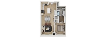 A floor plan of a small apartment with a kitchen, living room, and bathroom.