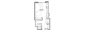 A floor plan of a small apartment with a living room, dining room, and bathroom.