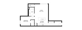 A floor plan of a house with a living room, kitchen, and bathroom.