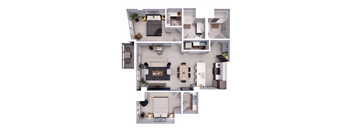 A top-down view of a modern apartment layout with a living room, kitchen, and bedrooms.
