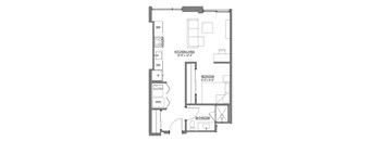 A floor plan of a small apartment with a kitchen, bathroom and bedroom.