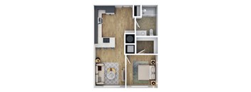 A floor plan of a small apartment with a kitchen, living room, and bathroom.