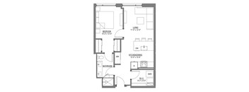 A floor plan of a small apartment with a bedroom, bathroom, kitchen, and living room.