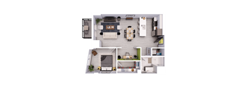 A top-down view of a modern living room with a fireplace and a dining area.