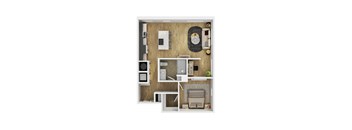 A top-down view of a small apartment with a kitchen, living room, and bedroom.