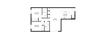 A floor plan of a house with two bedrooms, a living room, a kitchen, and two bathrooms.