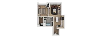 A top down view of a small apartment with a bedroom, living room, and kitchen.