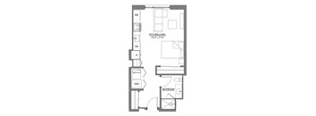 A floor plan of a kitchen/living room with a bathroom.