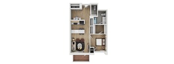 A top-down view of a small apartment layout with a kitchen, living room, and bedroom.