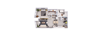 A top-down view of a modern apartment layout with a living room, kitchen, and bedroom.