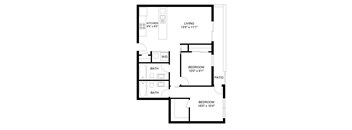 A floor plan of a house with a kitchen, living room, two bathrooms and two bedrooms.