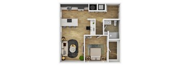 A top-down view of a small apartment with a kitchen, living room, and bathroom.