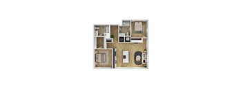 A top-down view of a small apartment with a kitchen, living room, and bathroom.