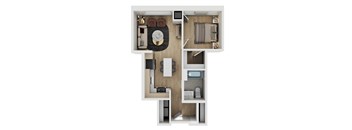 A top down view of a small apartment with a kitchen, living room, and bedroom.