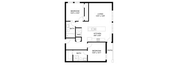 A black and white image of a floor plan for a small house.