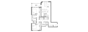 A floor plan of a home with a living room, two bedrooms, a bathroom, and a kitchen.