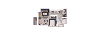 A top-down view of a modern apartment layout with a living room, kitchen, and bedroom.