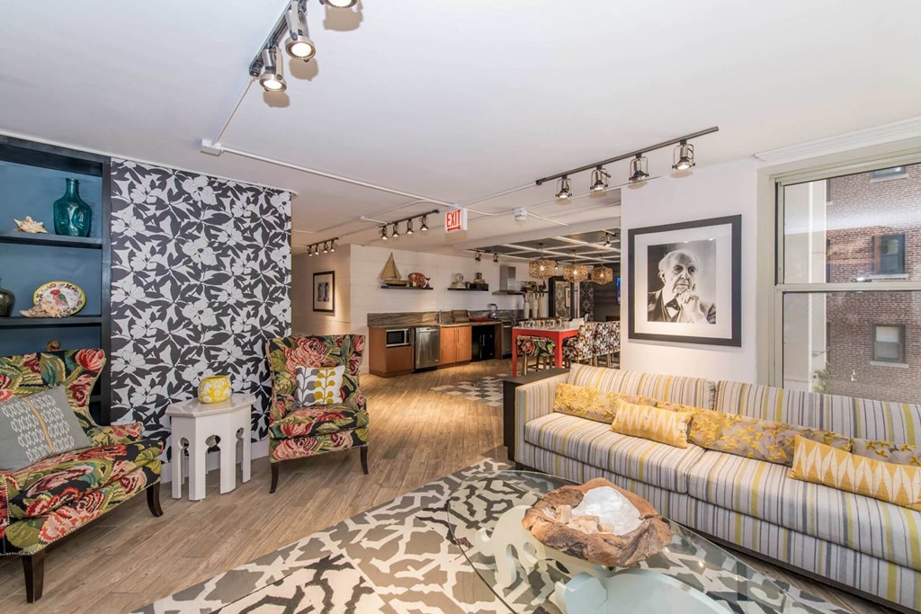 a living room with a couch and a table