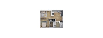 A top-down view of a living room, kitchen, and bedroom.