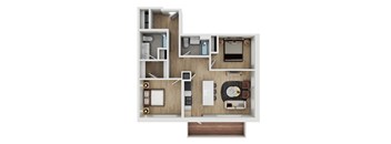 A floor plan of a small apartment with a kitchen, living room, and bathroom.