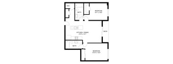 A floor plan of a house with two bedrooms, a kitchen, a dining area, and two bathrooms.