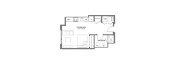 A floor plan of a kitchen, living room, and bathroom.