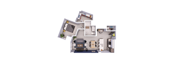 A 3D floor plan of a house showing a living room, kitchen, dining area, and two bedrooms.
