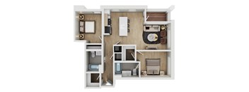 A 3D floor plan of a small apartment with a kitchen, living room, and bathroom.