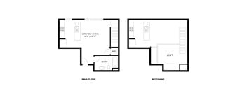 A floor plan of a house with a kitchen, bathroom, and loft.